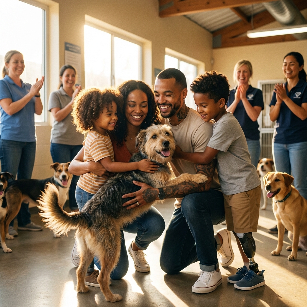 A happy dog with its new owner in a park