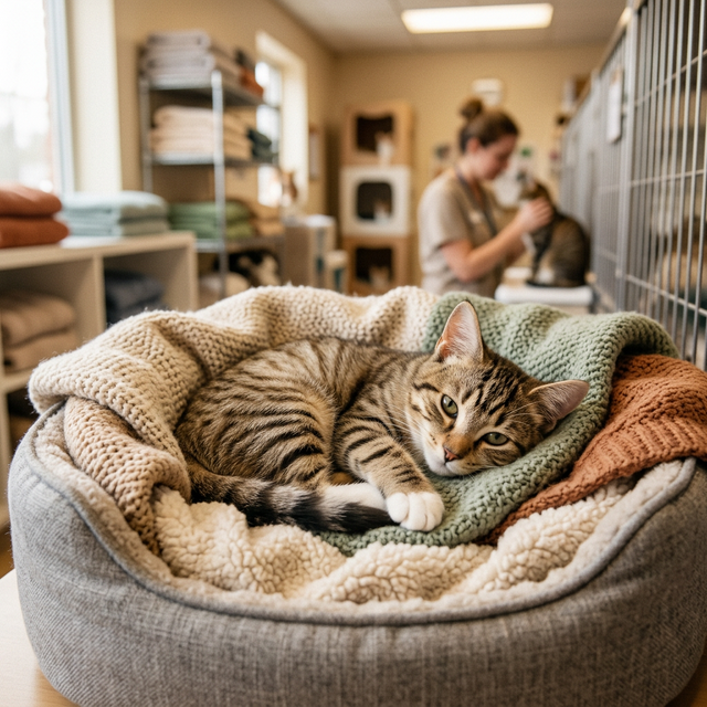 Un chat en refuge attend son adoption avec un regard doux