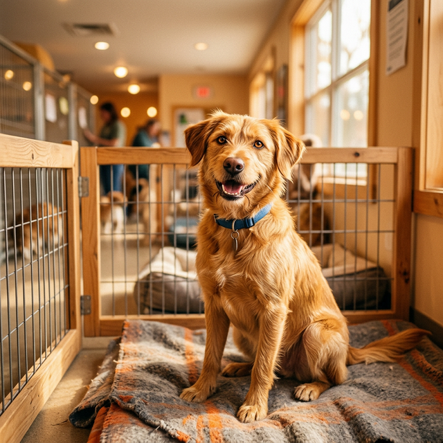 Un chien heureux dans un refuge attend son adoption gratuite