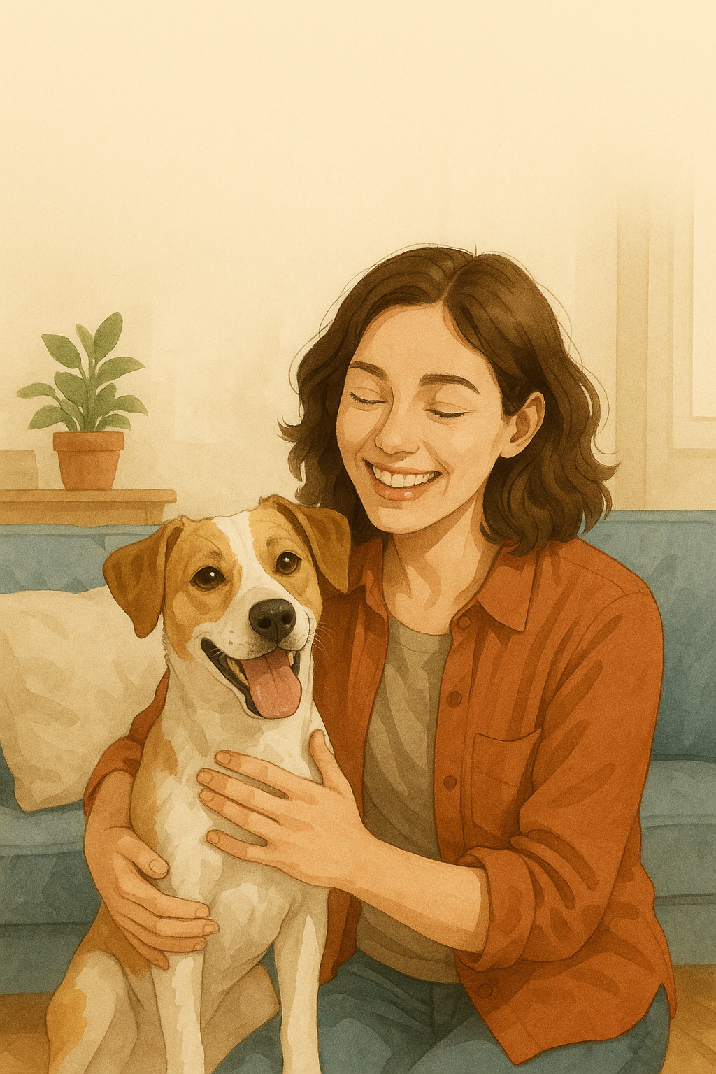 Une personne accueillant avec un sourire un chien heureux dans sa nouvelle maison.
