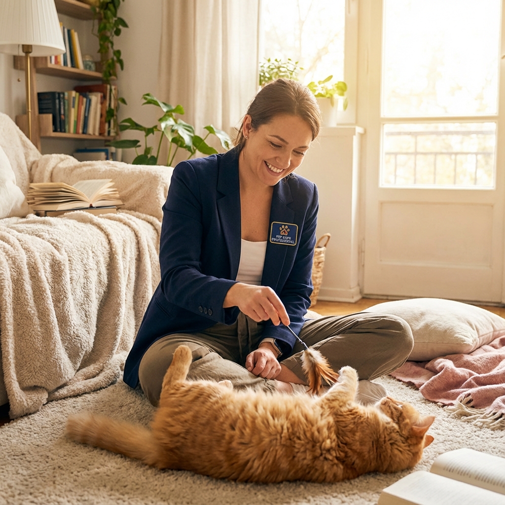 A pet sitter playing with a cat in a living room