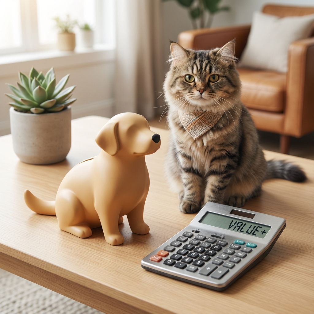Calculator and piggy bank with a curious dog